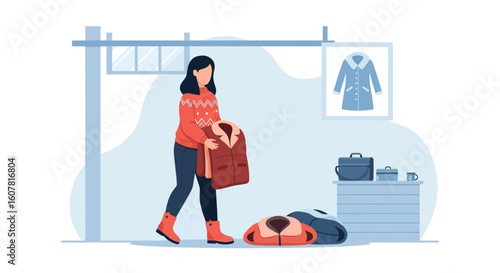 Woman Prepares Winter Clothing Getting Ready for Cold Season Vacation