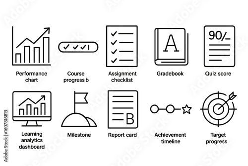 Educational Progress and Performance Icons Set with Charts, Checklists, and Gradebook Symbols