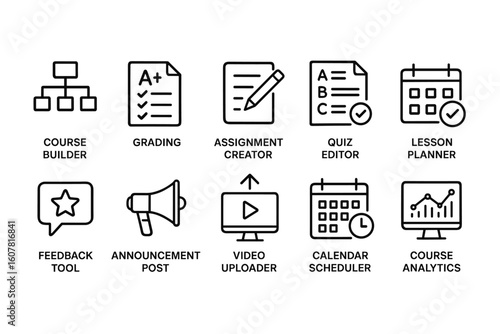 Educational Tools Icon Set: Course Builder, Grading, Assignment Creator, and More