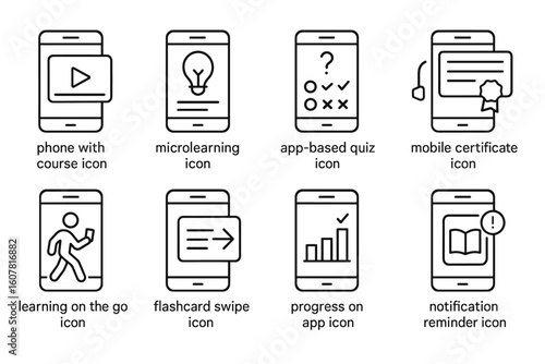 Set of Eight Educational Mobile App Icons with Courses, Quizzes, Certificates, and Reminders