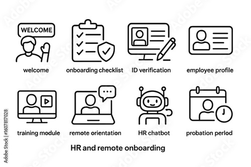 Minimalist HR and Remote Onboarding Icons Set with Employee and Training Symbols
