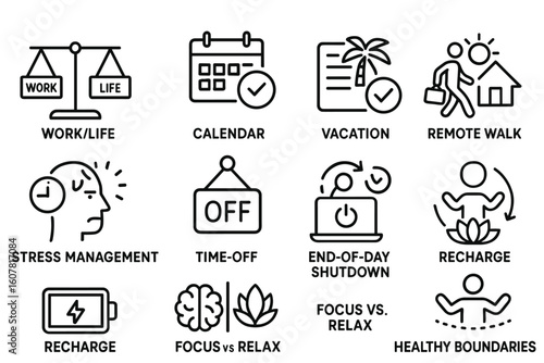 Work-Life Balance and Mental Well-Being Icon Set with Stress Management and Time-Off