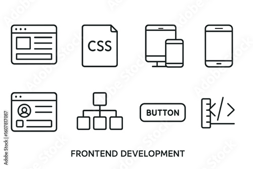 Frontend Development Icons Set Featuring Browser, CSS, Mobile, Sitemap, and Button Elements
