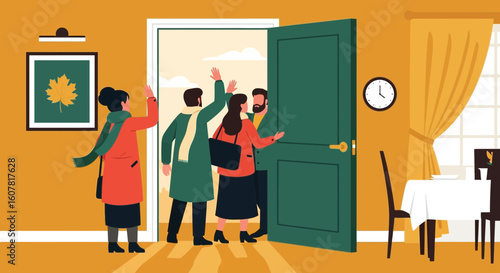 Warm Welcome At Home Illustration Of People Arriving For Dinner Party