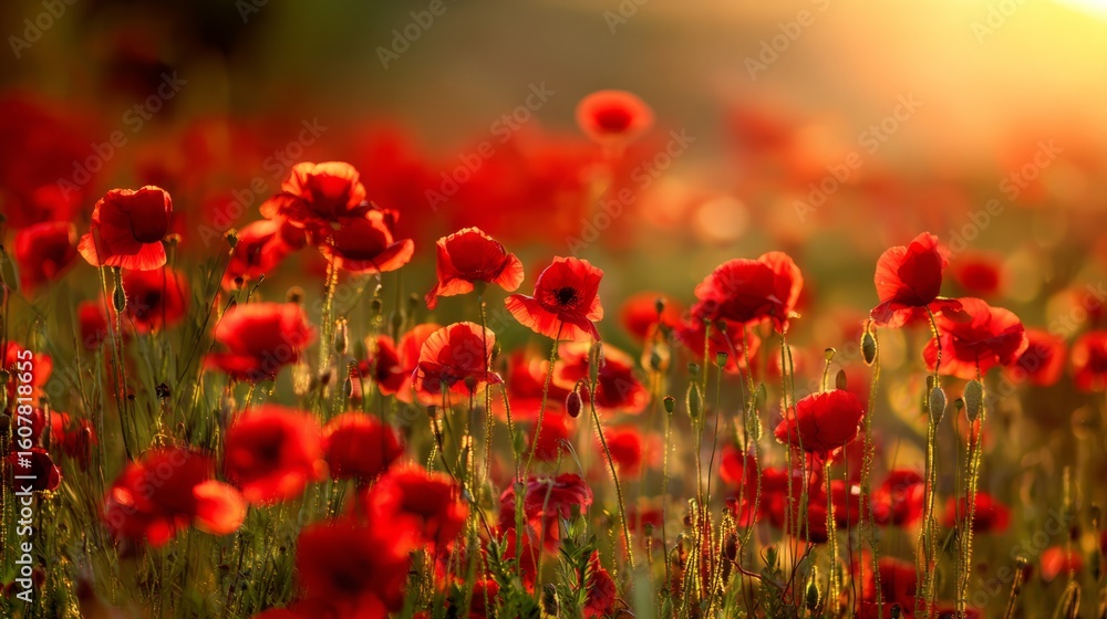 Obraz premium Vibrant red poppies glowing under the golden light of a sunset. 