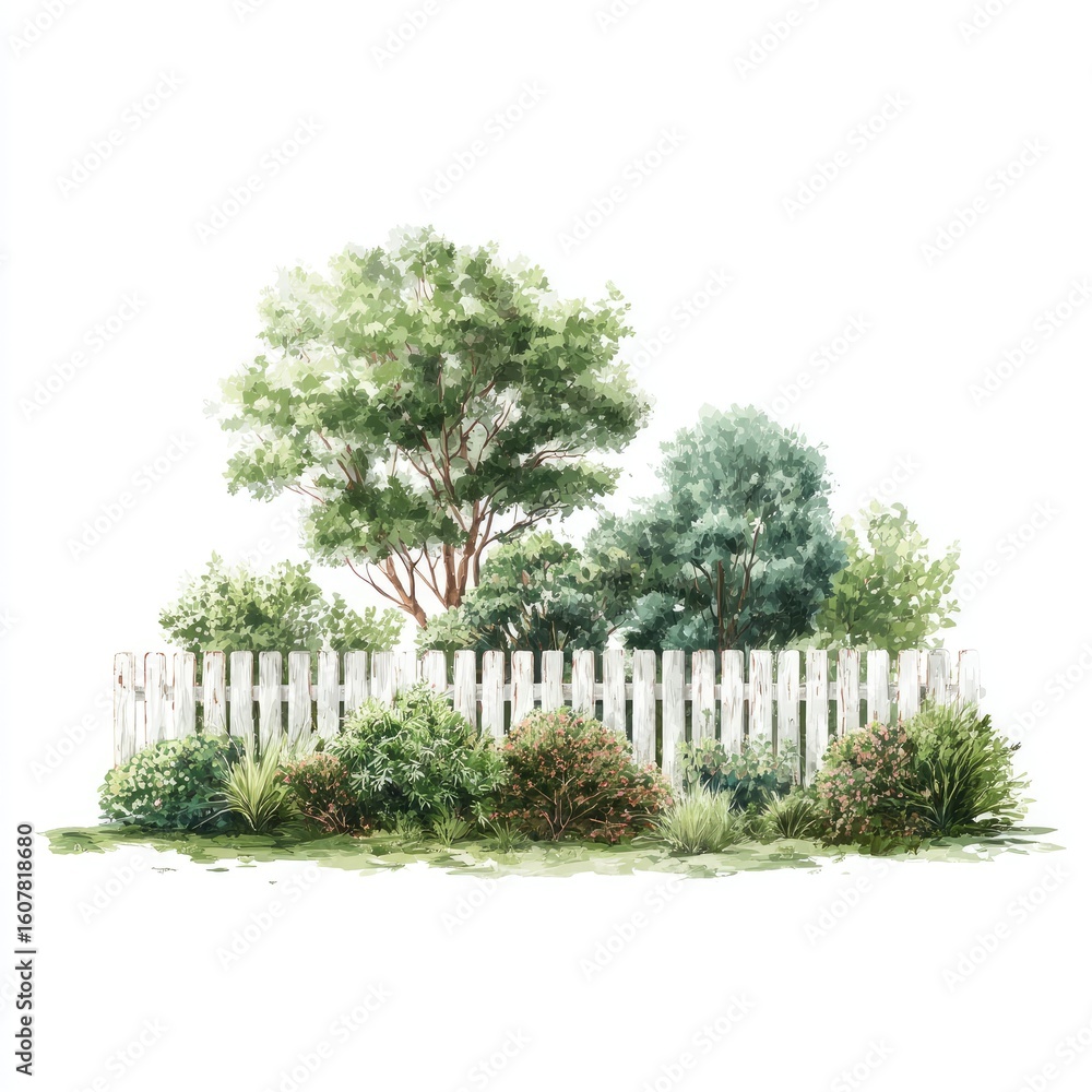 Fototapeta premium Watercolor garden scene with white fence