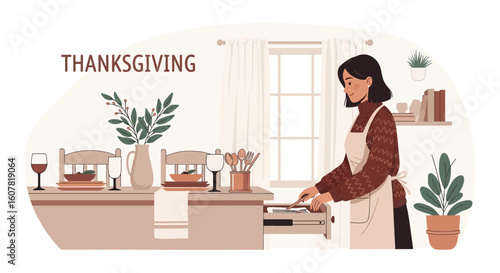 Woman Preparing Table Setting For Thanksgiving Dinner Celebration At Home