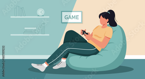 Woman Relaxing On Beanbag Chair While Playing Video Game In Cozy Room