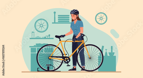 Woman Repairing Bicycle In Her Garage Hobby, Exercise, And Healthy Lifestyle