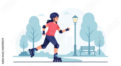 Woman Roller Skating In The Park On A Sunny Day For Leisure Time