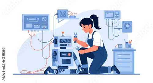 Woman Repairing Robot: Conceptual Illustration Of Technicians Maintaining Mechanical Automation