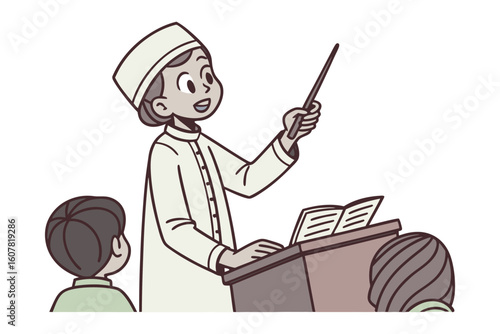 Animated muslim imam delivers a passionate sermon from behind a wooden podium with a book