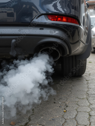 Car exhaust pipe emits dense smoke during emission test on city pavement. Pollution control device measures harmful gases. Service car center garage workshop.  Automobile repair check up diagnosis
