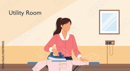 Woman Smooths Wrinkles From Garment With Electric Iron In An Interior Setting