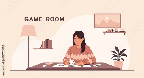 Woman Solving Puzzle at Home Enjoying Relaxing Indoor Activity Time