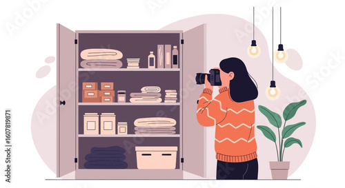 Woman Takes Photos Of Organized Closet In Modern Flat Apartment Indoor