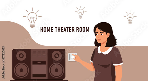 Woman Turns On Lights In Home Theater For Movie Night Entertainment
