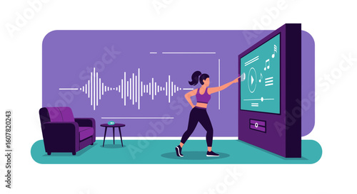 Woman Using Smart Technology Touchscreen Display for Multimedia Experience