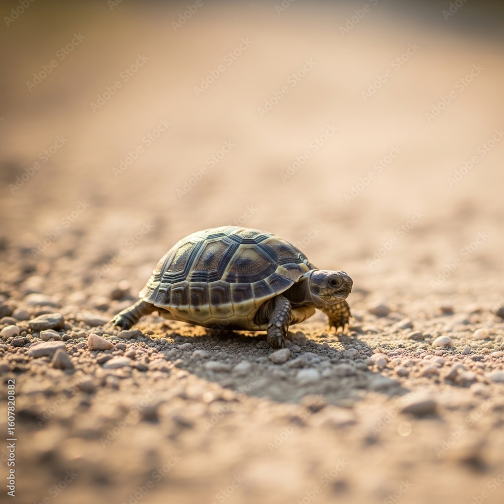 Fototapeta premium Small Tortoise Walking Slowly on Pebble Path 