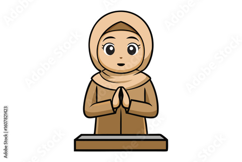 Elderly muslim man in traditional attire offers devotional prayer with open hands near a holy book on a stand