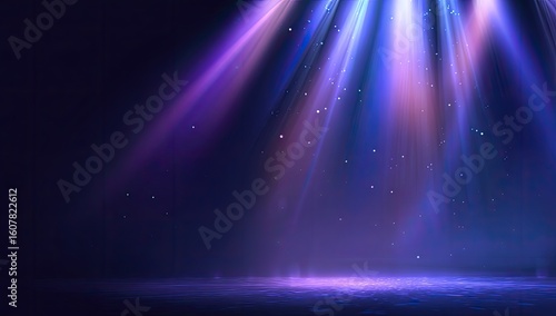 Purple stage lights illuminate empty space, magical particles float, dark background, event backdrop