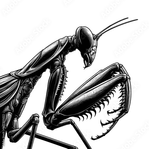 Detailed engraving of a praying mantis showing powerful forelegs  