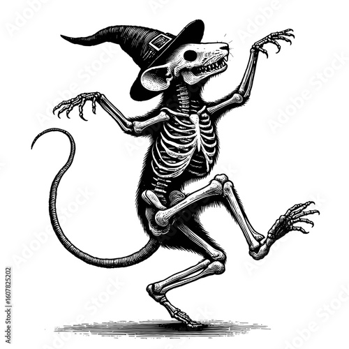Spooky halloween illustration of dancing rat skeleton wearing witch hat. Halloween design includes creepy rat skeleton in dynamic pose with long tail.