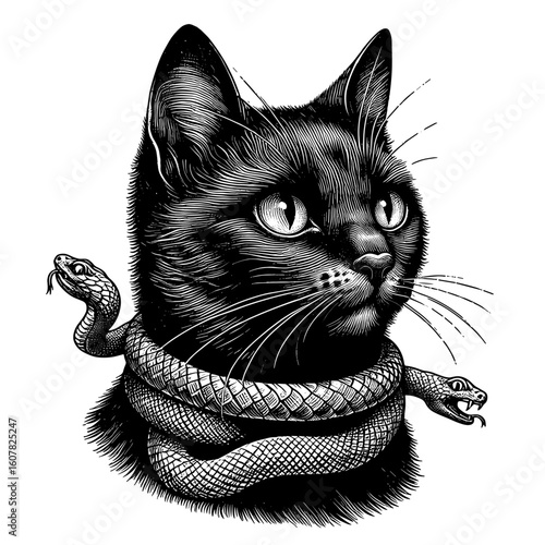 Spooky black cat with snake necklace. Halloween illustration features feline felis catus. Black and white gothic artwork for spooky season invitations and halloween party banners.