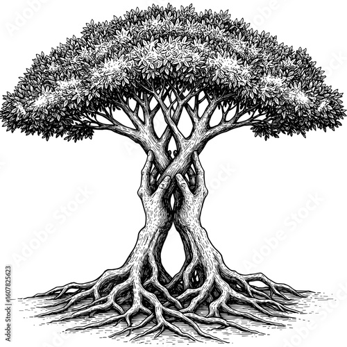 Symbolic tree with intertwined hands, roots and branches.  Illustrative image of three trees growing together, their trunks forming hands holding each other, symbolizing unity, community,