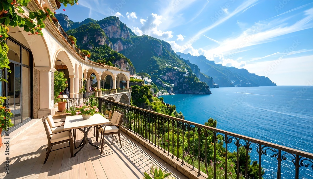 Naklejka premium Coastal luxury patio with ocean view