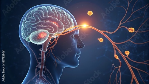 3D rendering of the hypothalamus and pituitary gland — hormones being released into the bloodstream, feedback loop glowing in real time