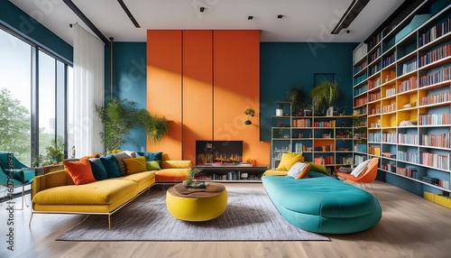a stylish modern interior showcasing a cozy seating area bookshelves and a vibrant color palette the design features minimalist aesthetics and functional decor