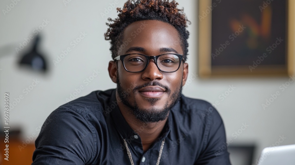 Fototapeta premium Confident Young Black Professional with Stylish Glasses and a Warm, Direct Gaze