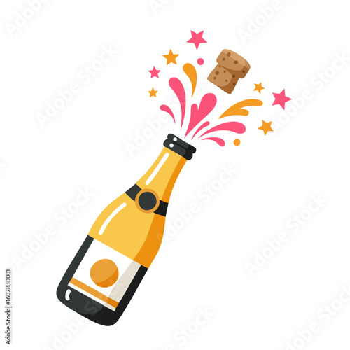 Vector illustration of champagne bottle popping with cork and bubbles on white background