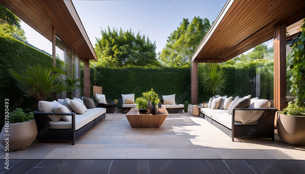 Obraz premium a stylish outdoor patio featuring sleek furniture greenery and a peaceful ambiance perfect for relaxation and social gatherings