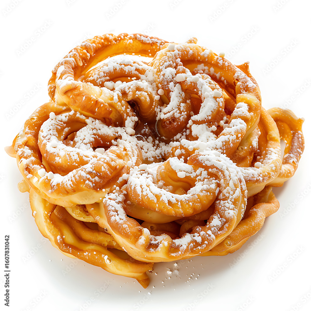 Fototapeta premium Golden funnel cake topped with powdered sugar, presented in a spiral shape