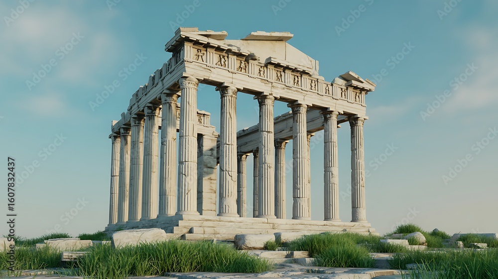 Fototapeta premium Ancient Greek temple ruins with columns and blue sky architecture stone