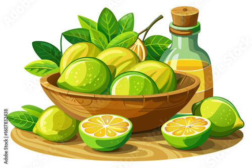Vibrant green lemons arranged in a wooden bowl on vector of a white surface for drinking, with a bottle of lemon juice next to the lemon, juicy lemons rich in vitamin C...