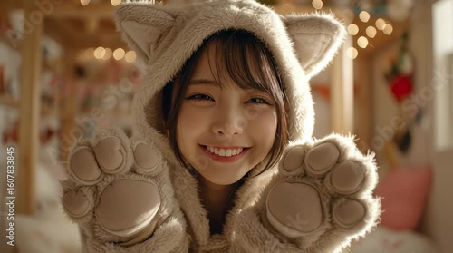 Playful Young Woman in Cat Costume Reaching Out / 猫のコスチュームを着て手を伸ばす遊び心のある若い女性