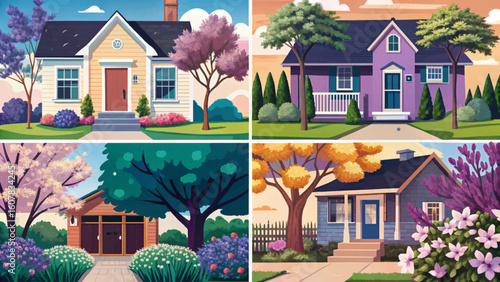 Vector set showing cozy home exteriors with green front yards during late spring. Ideal for real estate, eco-living, gardening, landscaping, and seasonal banner themes