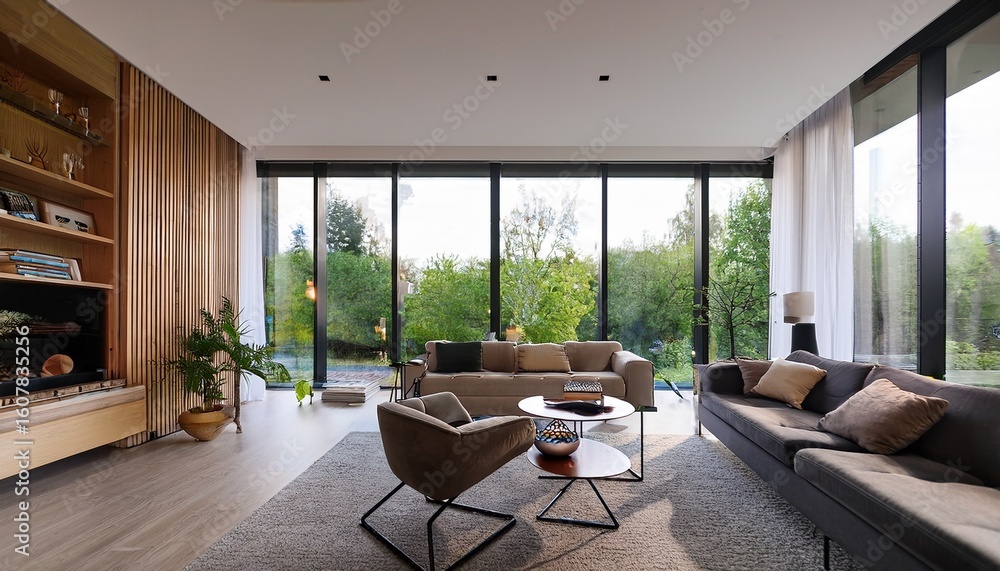 Fototapeta premium interior of modern living room with a wall filled with windows