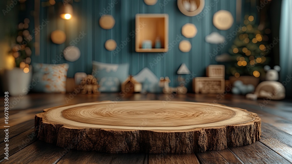 Fototapeta premium Rustic Tree Trunk Podium in a Cozy, Blurred Christmas Nursery with Soft Lights