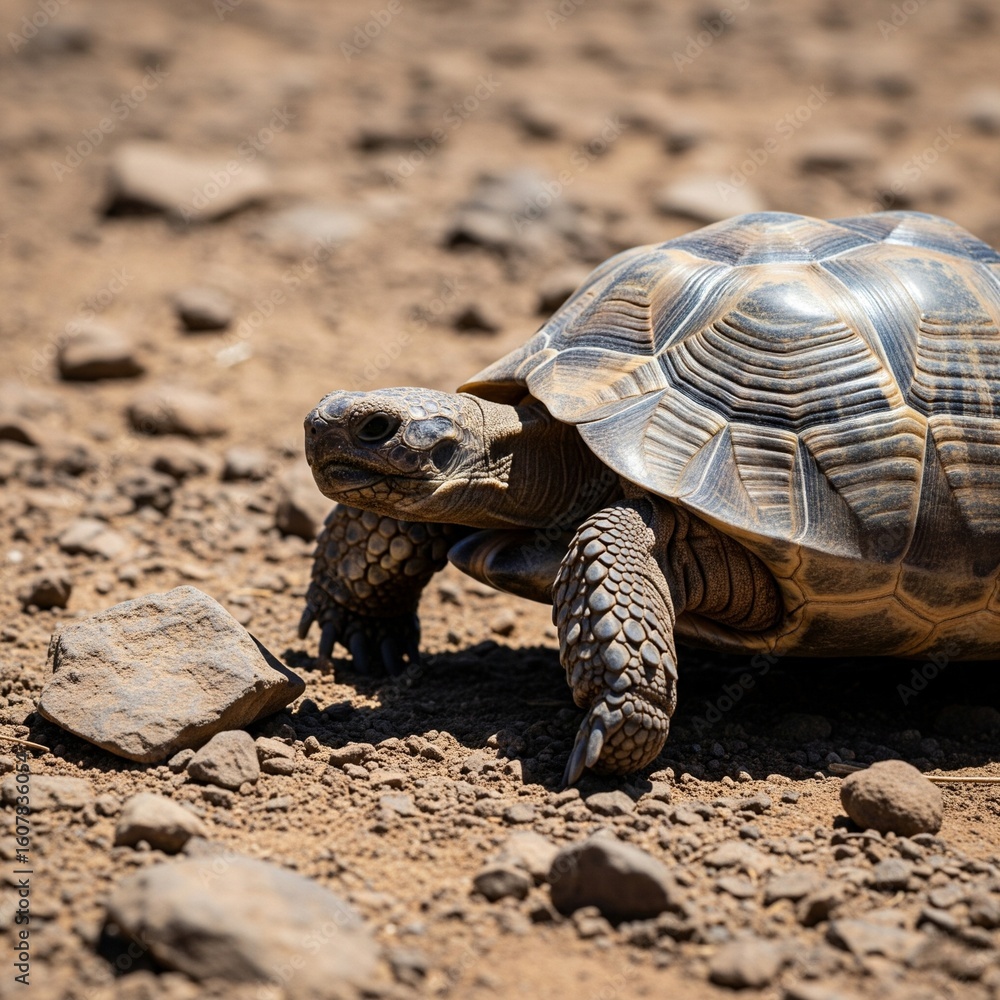 Fototapeta premium Small Tortoise Walking Over Rocky Terrain