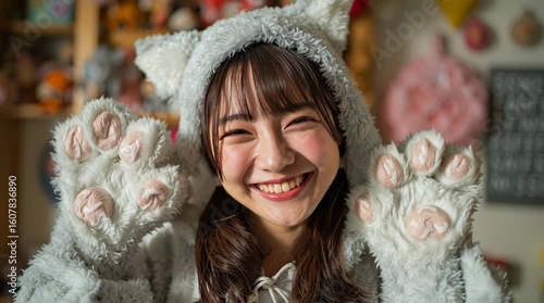 Cheerful Young Woman in a Cat Costume / 猫のコスチュームを着た陽気な若い女性