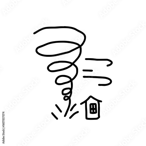 Dangerous tornado destroying house in hand drawn disaster doodle style for emergency preparedness posters and climate change awareness design on transparent background