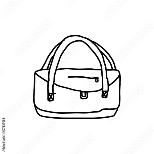 Hand drawn doodle icon of a sports duffel bag in black contour on transparent background, perfect for gym gear content, travel illustrations, and fitness lifestyle visuals