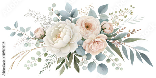 An elegant floral arrangement of roses, peonies, and eucalyptus isolated on transparent background
