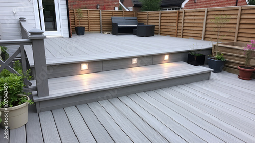 Composite decking in ash grey with two levels deck lights and ideal for a landscape gardener