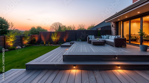 Modern multi-level composite decking in ash grey with subtle deck lights for contemporary garden landscape design at dusk. Outdoor sofa furniture on wooden patio.