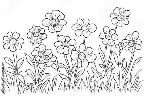 Enchanting Meadow Line Art with a Surprise Cat-Faced Daisy Bloom